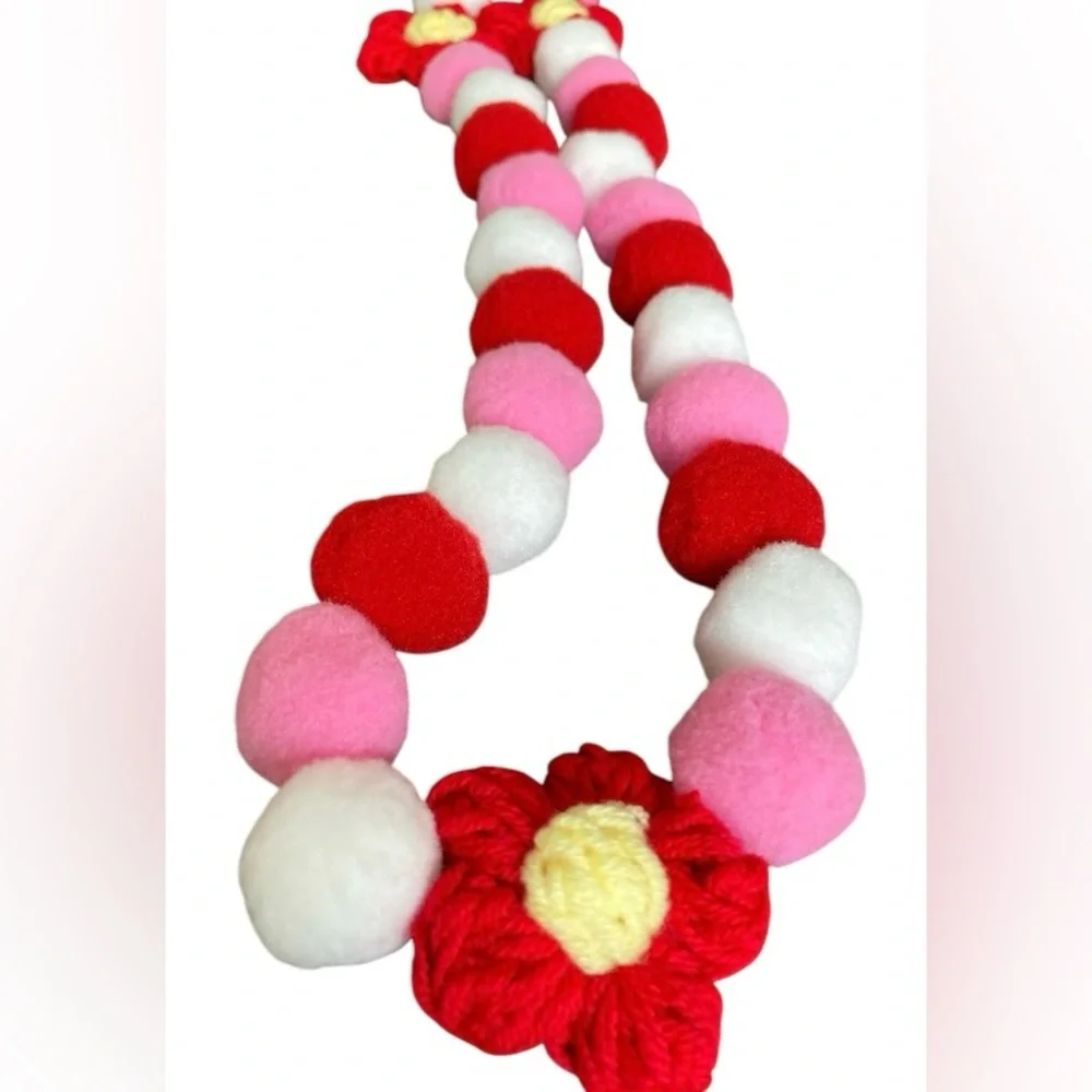 6ft Valentine's Day Red Pink White Florals Pom Pom Garland Handmade copper wire